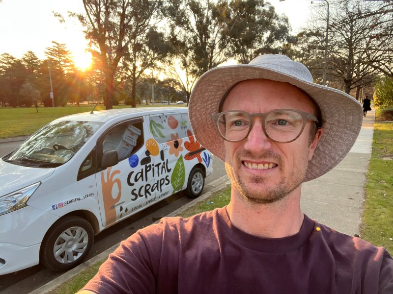 Ashley Wearne selfie in front of signwritten Capital Scraps collection van