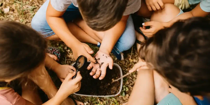 Looking down on a group of children huddled around a plastic container of dirt. One holds some in the palm of their hand, another pokes it with a stick, another looks at it through a magnifying glass